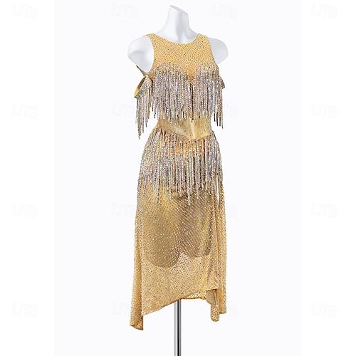 Women's Gold Rhinestone Fringe Latin Dance Dress - Sleeveless Cold Shoulder  Multi-Layered Asymmetrical Ballroom Performance 2026 - $271.19