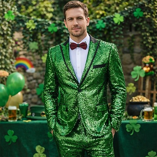  St.Patrick 2026 Retro Vintage 1980s Tuxedo Suits & Blazers Disco Sequins Fancy Dress Men's Carnival Costume Christmas Halloween Carnival Cocktail Party Theme Party Pride Parade Adults' Coat