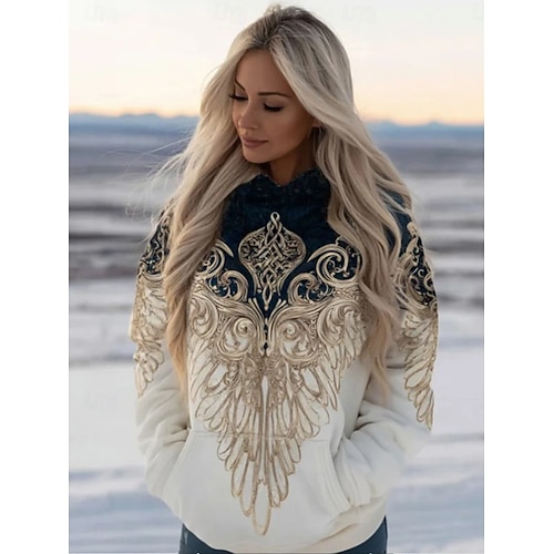 Mujer Sudadera con capucha Pullover Retazos Estampado Bolsillo delantero Graphic Geométrico Tribal Vintage Casual Boho Manga Larga Con Capucha Tops regulares Casual Calle Uso Diario Azul marinero