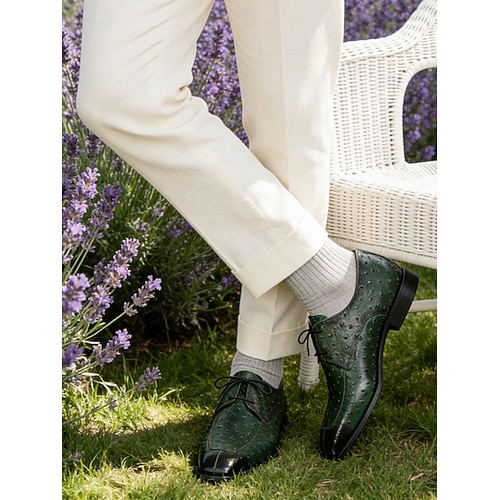 Men\'s Two-Tone Green & Cream Croc-Embossed Derby Shoes Green Crocodile Embossed Leather Dress Shoes for Men: Formal  main image 4