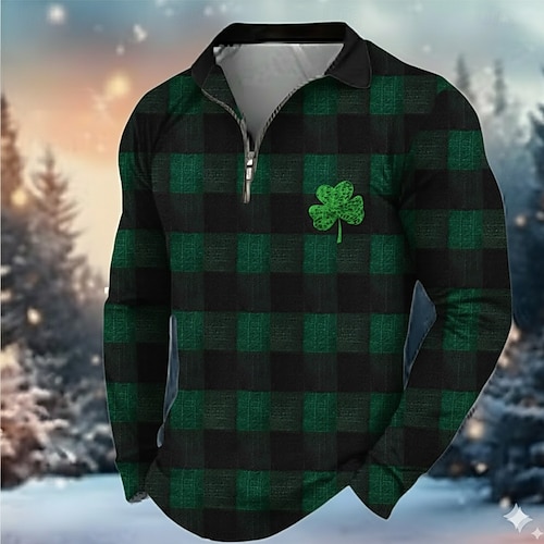  St. Patrick Men's Shamrock Polo Long Sleeve Turndown Modern Leisure Athleisure Casual Daily Festival Zipper 3D Print Spring Fall Black White Green