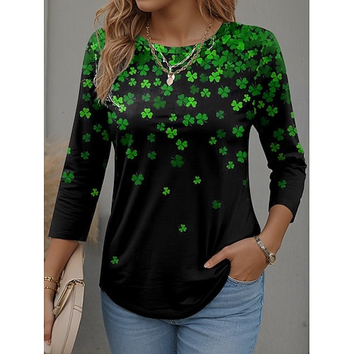 St. Patrick's Day Women's T Shirt Graphic Shamrock Fashion Stylish Modern Long Sleeve Crew Neck Regular Tops Daily Weekend Print White Green Spring Winter