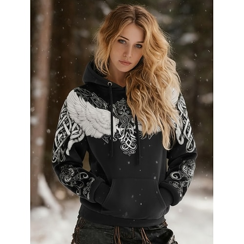 Mujer Sudadera con capucha Pullover Retazos Estampado Bolsillo delantero Graphic Geométrico Tribal Vintage Casual Boho Manga Larga Con Capucha Tops regulares Calle Uso Diario Negro Blanco Invierno