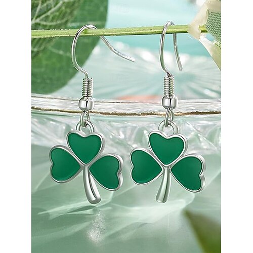  Women's Alloy and Acrylic Shamrock Bracelet and Earrings Set, Green and White Beads, Perfect for St. Patrick's Day and Everyday Wear