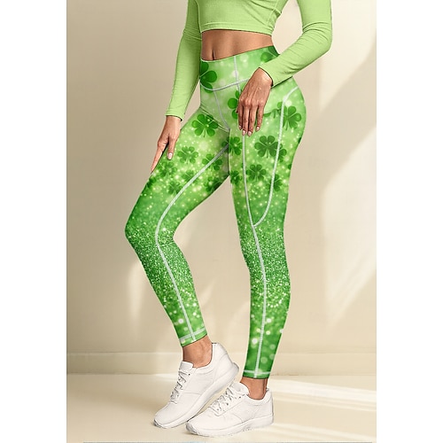  St. Patrick Women's pilates leggings fitness pants Gym Leggings Pockets Stamp Duty Side Pockets Pilates Gym Gym Workout Pants Tights Leggings Clover Green Sports Activewear High Elasticity Slim