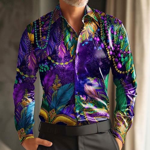 Mardi Gras Men's Carnival Beads Mask with Feathers Shirt Satin Shirt Dress  Shirt Long Sleeve Fashion Casual Party Holiday Summer Spring Turndown 3D  Print Button Up Shirts Purple Green Dark Purple Gray