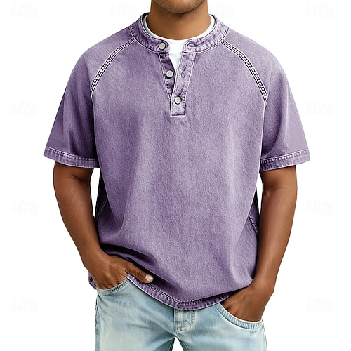  Men's T Shirt Henley Shirt 100% Cotton Acid Wash Shirt Tee Top Short Sleeve Plain Vintage Streetwear Casual Washed Raglan Sleeves Stand Collar Henley Casual Home Street Spring Fall Fall & Winter
