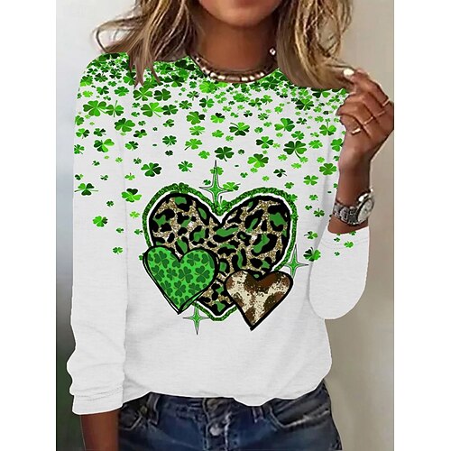  St. Patrick Women's T Shirt Graphic Shamrock Fashion Stylish Classic Long Sleeve Crew Neck Round Neck Regular Tops Daily Weekend Print White Dark Green Green Summer Spring Fall