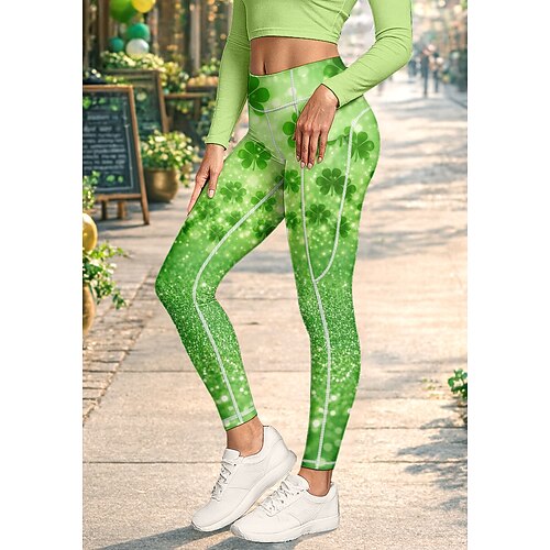  St. Patrick Women's pilates leggings fitness pants Gym Leggings Pockets Stamp Duty Side Pockets Pilates Gym Gym Workout Pants Tights Leggings Clover Green Sports Activewear High Elasticity Slim