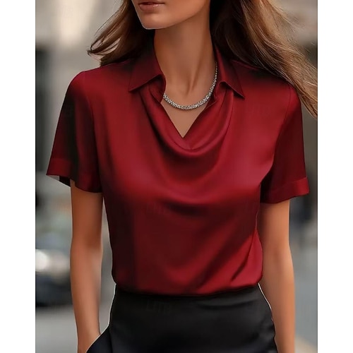  Жен. Рубашка Elegant Атласный верх Блуза Полотняное плетение Элегантный стиль Стиль С короткими рукавами Рубашечный воротник Обычные топы Повседневные Праздники На выход