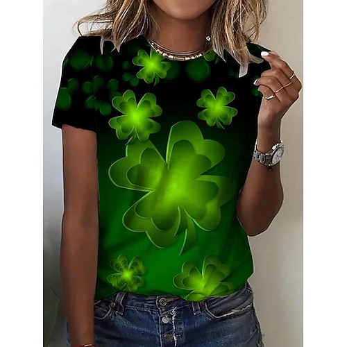  St. Patrick's Day Women's T Shirt Graphic Shamrock Stylish Classic Casual Short Sleeve Crew Neck Round Neck Regular Tops Daily Print Black Green Summer