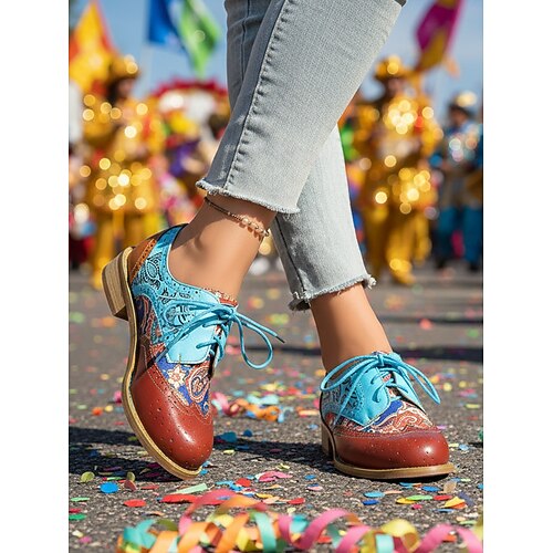 Women's Mardi Gras Colorful Multicolor Patchwork Brogues with Lace-Up  Oxford Shoes  Retro Artistic Style for Carnival Parades, Festival Costumes  & Party Celebrations 2026 - $32.99