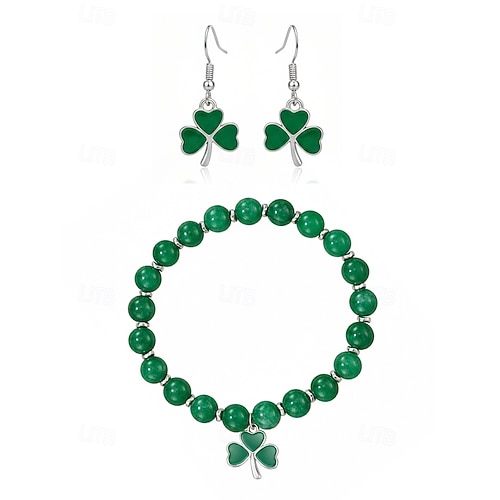  Women's Alloy and Acrylic Shamrock Bracelet and Earrings Set, Green and White Beads, Perfect for St. Patrick's Day and Everyday Wear