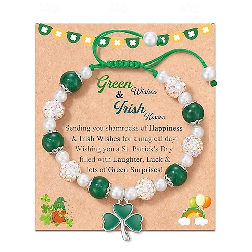  Women's Alloy and Acrylic Shamrock Bracelet and Earrings Set, Green and White Beads, Perfect for St. Patrick's Day and Everyday Wear