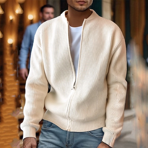 Herren Strickjacke Kurzer Pullover Reißverschluss-Pullover Strickpullover Gerippt Stricken Normale Oberteile Tasche Einfach Stehkragen Mode Klassisch Urlaub Alltagskleidung Bekleidung Herbst Winter