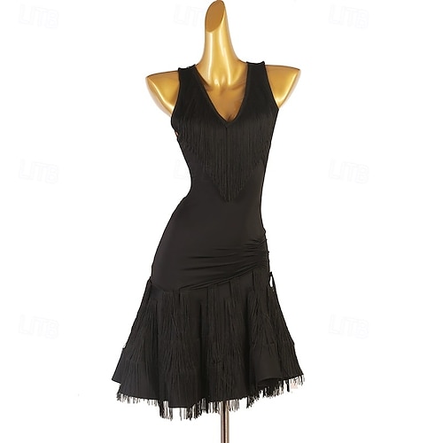 Elegant Black Fringe Latin Dance Dress for Women - V-Neck Sleeveless Ballroom Salsa Tango Competition Costume 2026 - $156.99 Elegant Black Fringe Latin Dance Dress for Women - V-Neck Sleeveless Ballroom Salsa Tango Competition Costume 2026 - $156.99
