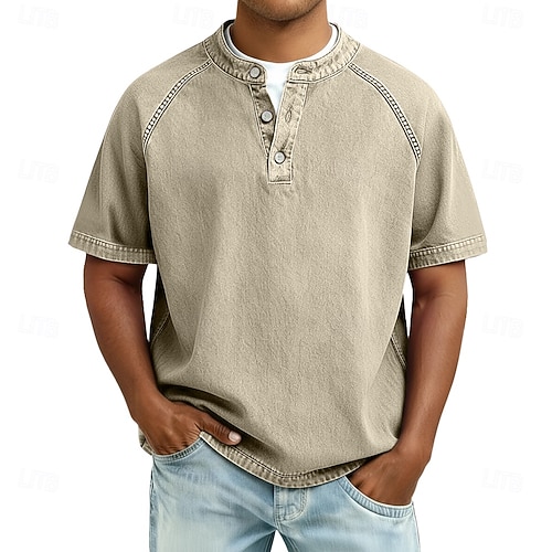  Men's T Shirt Henley Shirt 100% Cotton Acid Wash Shirt Tee Top Short Sleeve Plain Vintage Streetwear Casual Washed Raglan Sleeves Stand Collar Henley Casual Home Street Spring Fall Fall & Winter