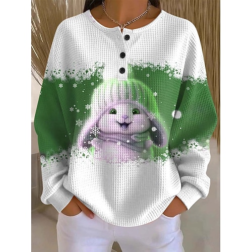  Women's Hoodies Graphic Snowflake  Fashion Casual Print Long Sleeve Crew Neck Regular Tops Street Casual Buttons Blue Purple Green Winter