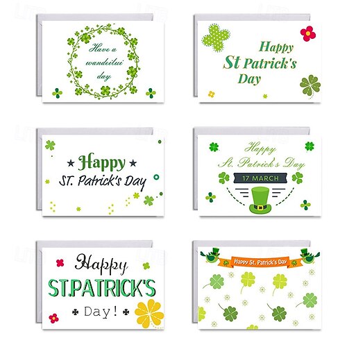  St. Patrick's Day Greeting Cards, Set of 6 Assorted Designs, Bulk luck Shamrock Note Cards for Irish Holiday Greetings, for Friends and Family