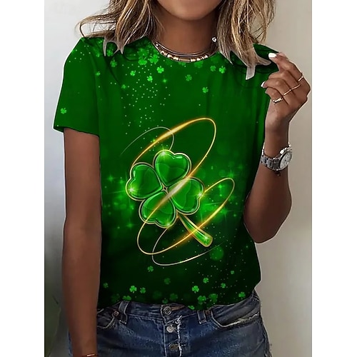  St. Patrick's Day Women's T Shirt Graphic Shamrock Stylish Classic Casual Short Sleeve Crew Neck Round Neck Regular Tops Daily Print Black Green Summer