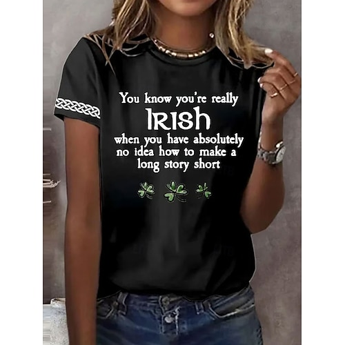  St. Patrick's Day Women's T Shirt Graphic Shamrock Stylish Classic Casual Short Sleeve Crew Neck Regular Tops Daily Print Black White Green Summer Spring