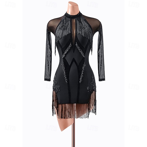Elegant Black Latin Dance Dress for Women - Long Mesh Sleeves, Mock Neck,  Beaded Bodice with Fringe & Intricate Accents Rumba Salsa Tango Gown 2026 -  $269.99