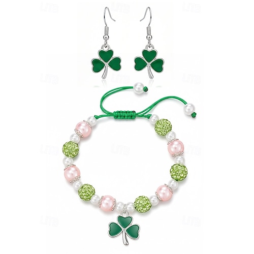  Women's Alloy and Acrylic Shamrock Bracelet and Earrings Set, Green and White Beads, Perfect for St. Patrick's Day and Everyday Wear