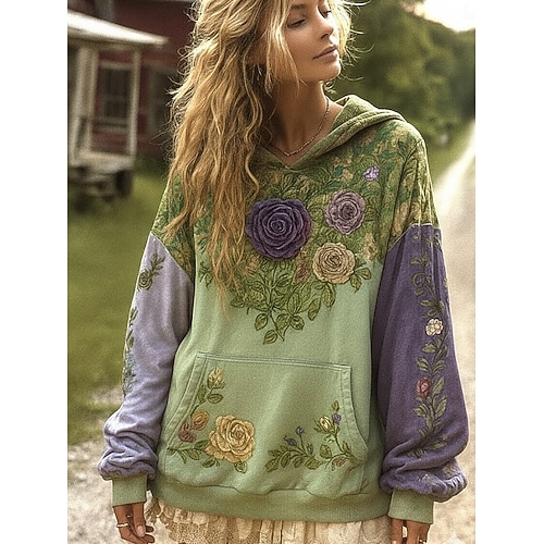  בגדי ריקוד נשים סווטשירט קפוצ'ון סוודר טלאים דפוס כיס קדמי פרחוני גראפי יום יומי בוהו שרוול ארוך עם קפוצ'ון חולצות רגילות רחוב לבוש ליום צהוב ורוד מסמיק סגול תלתן אביב סתיו חורף