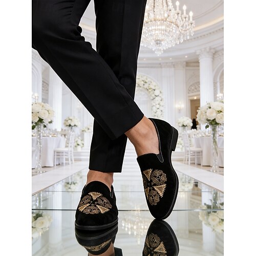 Men's Black Velvet Slip-on Shoes with Embroidered Detailing - Elegant Casual Footwear for Evening Wear and Special Occasions and Weddings