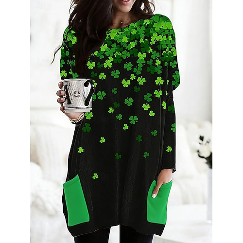  St. Patrick's Day Women's T Shirt Graphic Shamrock Stylish Long Sleeve Crew Neck Long Tops Daily Going out Weekend Pocket Print White Green Spring Fall