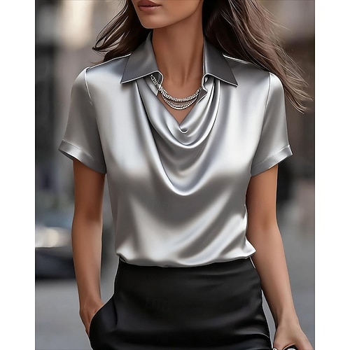  Жен. Рубашка Elegant Атласный верх Блуза Полотняное плетение Элегантный стиль Стиль С короткими рукавами Рубашечный воротник Обычные топы Повседневные Праздники На выход