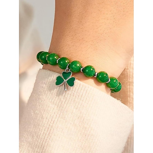  Women's Alloy and Acrylic Shamrock Bracelet and Earrings Set, Green and White Beads, Perfect for St. Patrick's Day and Everyday Wear