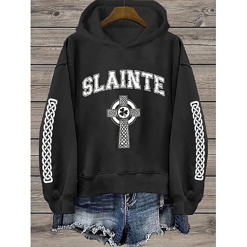  St. Patrick Women's Pullover Hoodie Sweatshirt Graphic Shamrock Letter Casual Long Sleeve Hooded Regular Tops Casual Dailywear Sports Black White Green Spring Fall