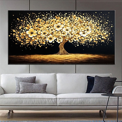 2026年 金色の抽象的な木の絵、金色の花のキャンバスのテクスチャ絵画