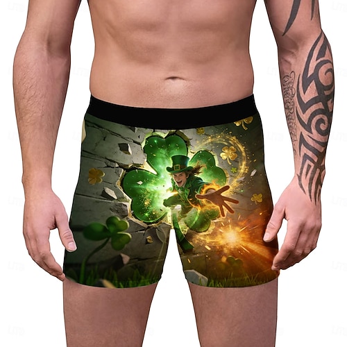  St. Patrick 2026 Leprechaun Shamrock Irish Carnival Boxer Briefs Underwear Cosplay Adults' Men's Saint Patrick's Day Casual Party Easy Carnival Costume Dress Up
