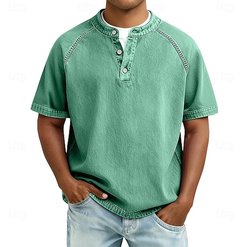  Men's T Shirt Henley Shirt 100% Cotton Acid Wash Shirt Tee Top Short Sleeve Plain Vintage Streetwear Casual Washed Raglan Sleeves Stand Collar Henley Casual Home Street Spring Fall Fall & Winter
