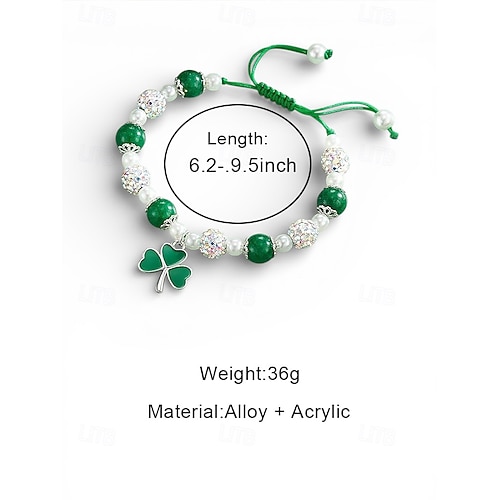  Women's Alloy and Acrylic Shamrock Bracelet and Earrings Set, Green and White Beads, Perfect for St. Patrick's Day and Everyday Wear