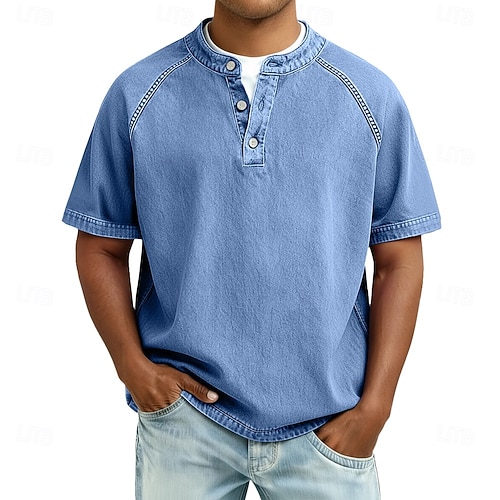  Men's T Shirt Henley Shirt 100% Cotton Acid Wash Shirt Tee Top Short Sleeve Plain Vintage Streetwear Casual Washed Raglan Sleeves Stand Collar Henley Casual Home Street Spring Fall Fall & Winter