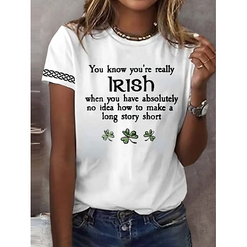  St. Patrick's Day Women's T Shirt Graphic Shamrock Stylish Classic Casual Short Sleeve Crew Neck Regular Tops Daily Print Black White Green Summer Spring