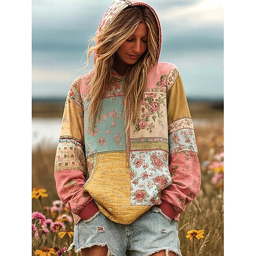  בגדי ריקוד נשים סווטשירט קפוצ'ון סוודר טלאים דפוס כיס קדמי פרחוני גראפי יום יומי בוהו שרוול ארוך עם קפוצ'ון חולצות רגילות רחוב לבוש ליום צהוב ורוד מסמיק סגול תלתן אביב סתיו חורף