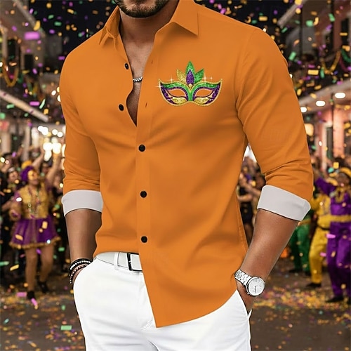 men's mardi gras dress shirts Mardi Gras Floral Block Print Button Up Shirt S/M