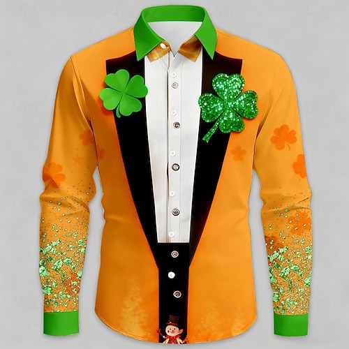  St. Patrick's Day Men's Four Leaf Clover Faux Collar and Suit Design Shirt Button Up Shirt Long Sleeve Fashion Casual Party Holiday Spring Fall Turndown 3D Print Collared Shirts Purple Orange Green