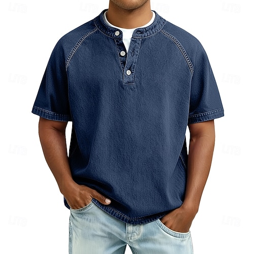  Men's T Shirt Henley Shirt 100% Cotton Acid Wash Shirt Tee Top Short Sleeve Plain Vintage Streetwear Casual Washed Raglan Sleeves Stand Collar Henley Casual Home Street Spring Fall Fall & Winter