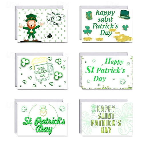  St. Patrick's Day Greeting Cards Bulk - Pack Assorted Cards, 6 Unique Leprechaun & Shamrock Designs, Blank Inside for Personal Messages, Festive Irish Holiday Note Cards for Friends & Family