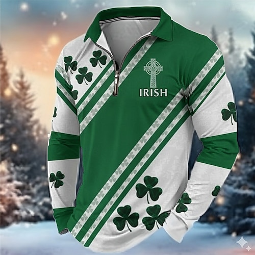  St. Patrick Men's Shamrock Polo Long Sleeve Turndown Modern Leisure Athleisure Casual Daily Festival Zipper 3D Print Spring Fall Dark Green Green