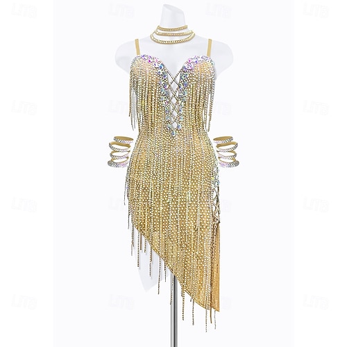 Women's Gold Rhinestone Fringe Latin Dance Dress Set - Sparkly  Asymmetrical, Choker & Cuffs Included Ballroom Performance 2026 - $314.29