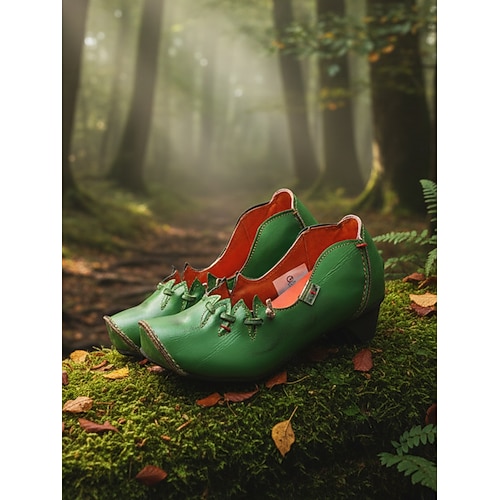  Women's Medieval Viking Style Low Heel Leather Shoes – Retro Green Hand-Stitched Details for Costume, Renaissance Fair, Festivals & Daily Vintage Outfits