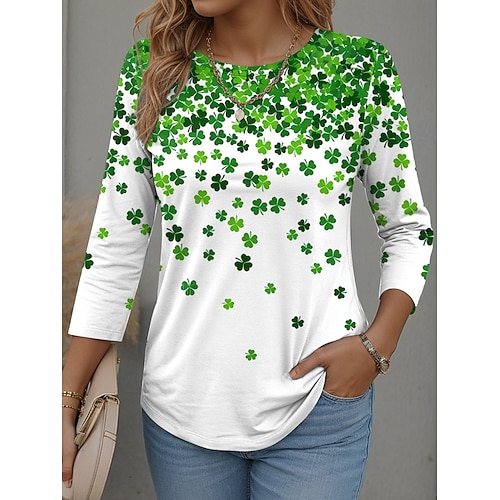  St. Patrick's Day Women's T Shirt Graphic Shamrock Fashion Stylish Modern Long Sleeve Crew Neck Regular Tops Daily Weekend Print White Green Spring Winter