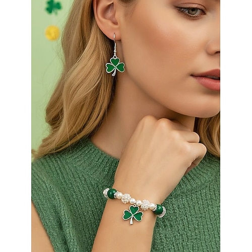  Women's Alloy and Acrylic Shamrock Bracelet and Earrings Set, Green and White Beads, Perfect for St. Patrick's Day and Everyday Wear