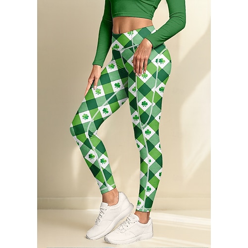  St. Patrick Women's pilates leggings fitness pants Gym Leggings Pockets Stamp Duty Side Pockets Pilates Gym Gym Workout Pants Tights Leggings Plaid Clover Green Sports Activewear High Elasticity